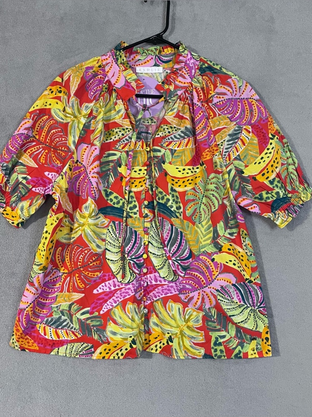 NEW Karlie Tropical Poplin Ruffle Top Puff Sleeves Womens Small